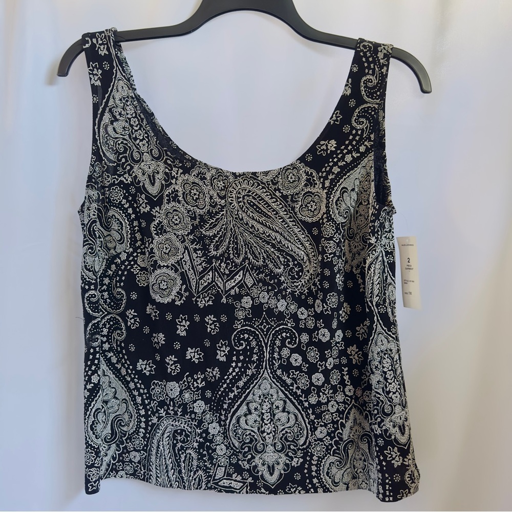 VTG Alex Evenings SZ 1X Black Silver Sleeveless Tank Top Paisley Design NWT